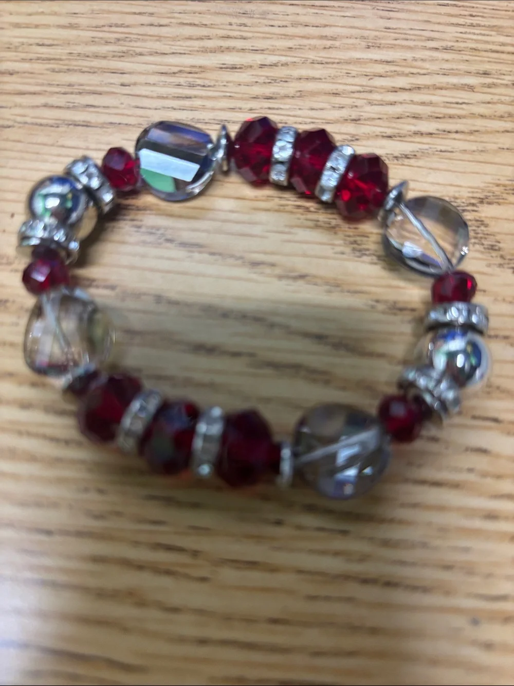 Unbranded Red & Iridescent Stretch Beaded Bracelet with Rhinestone Accents